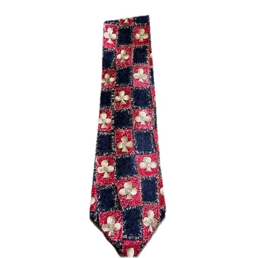 Laurentino Mens Silk Tie Navy & Red Beige Spades